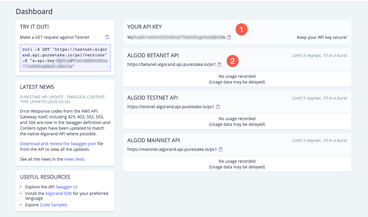 Purestake API Dashboard